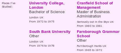 Farnborough Grammar School, 1965-72, University College London, Bachelor of Science, 1972-75, South Bank University, 1976-78, Cranfield School of Management, MBA, 1980-81.